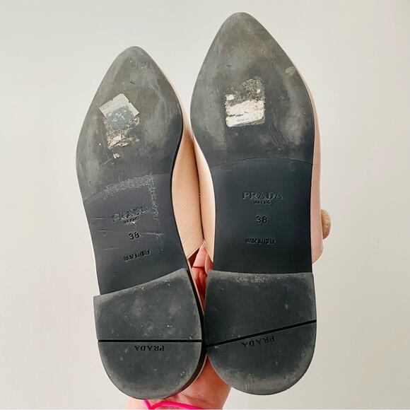 PRADA Nude Cream Beige Patent Leather Strap Pointed Toe Flats Slip On Slides 38 - Picture 10 of 16